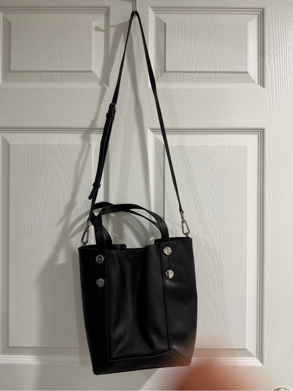 Calvin Klein Black Leather Shoulder Bucket Bag with Silver Hardware